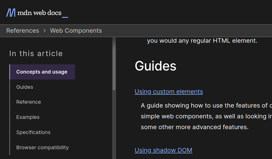 Beispielhaftes Inhaltsverzeichnis mit Textabschnitt des Artikels 'Web Components' von MDN Web Docs